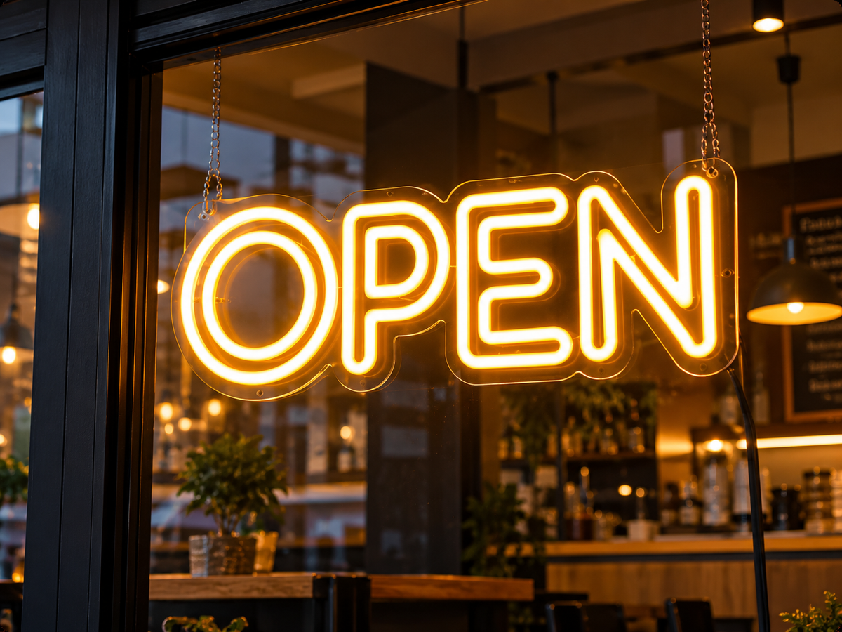 Cartel de neón LED OPEN | Blanco cálido